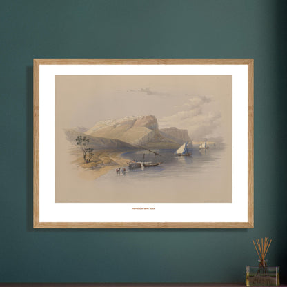 Gravure ancienne de la Forteresse d'Ibrim, Nubie - David Roberts. Lithographie de David Roberts montrant la forteresse d'Ibrim en Nubie, avec des voiliers sur le Nil et une colline fortifiée en arrière-plan. Image d'illustration 6