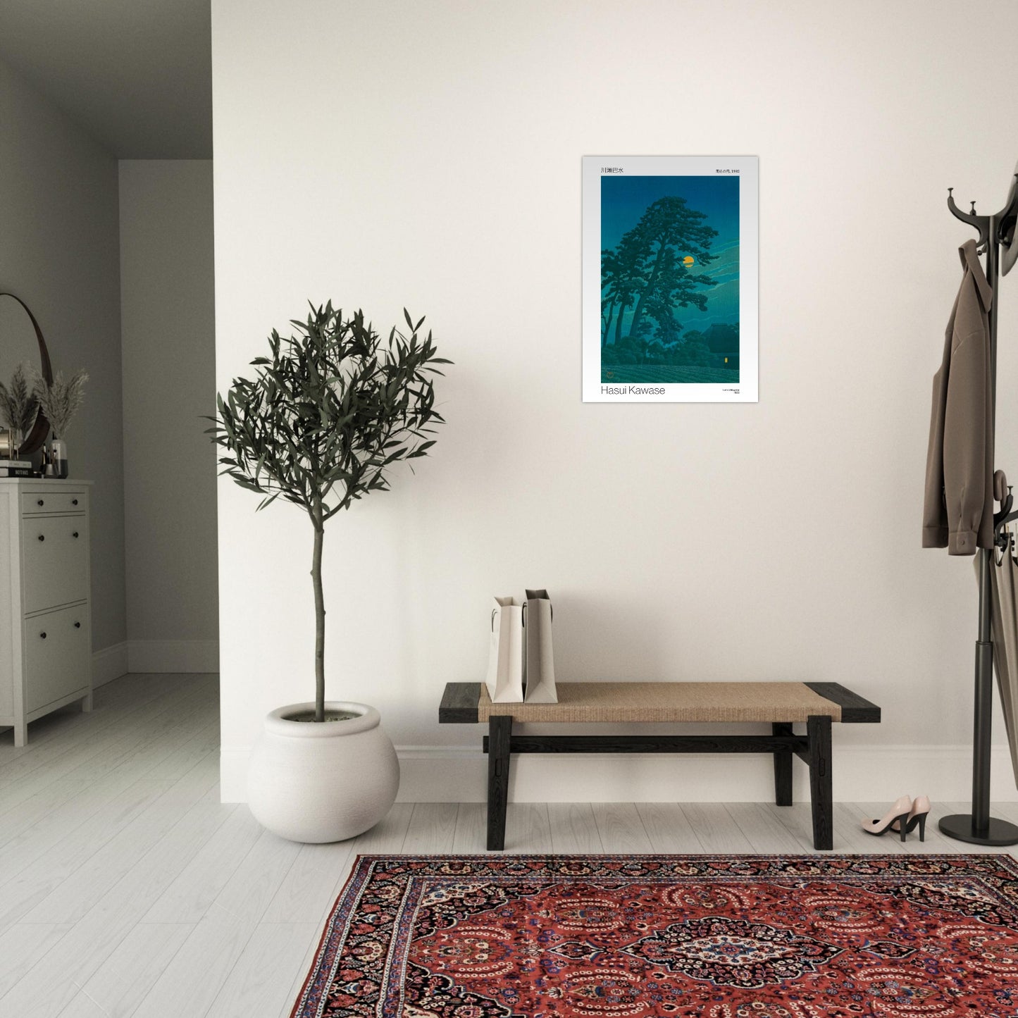 Gravure japonaise - Lune à Magome - Hasui Kawase (1930). Reproduction d'une gravure japonaise représentant des pins élancés sous une lune jaune brillante, avec une petite maison éclairée à droite et un champ à l'avant-plan, par Hasui Kawase, intitulée 'Lune à Magome, 1930'. Image d'illustration 8