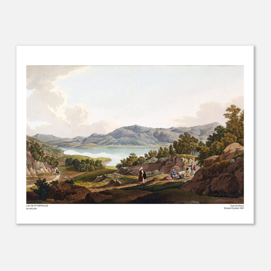 Incisione del Lago di Stinfalo in Arcadia, di Edward Dodwell (30x40 cm). Paesaggio del lago Stinfalo in Arcadia, con montagne sullo sfondo, uno specchio d'acqua, vegetazione e gruppi di persone in abiti tradizionali.