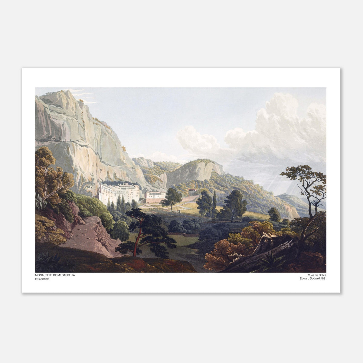 Incisione del Monastero di Megaspelaion in Arcadia, di Edward Dodwell (29,7x42 cm (A3)). Un monastero bianco costruito sul fianco della montagna, circondato da vegetazione e imponenti formazioni rocciose.