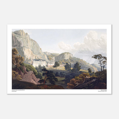 Incisione del Monastero di Megaspelaion in Arcadia, di Edward Dodwell (40x60 cm). Un monastero bianco costruito sul fianco della montagna, circondato da vegetazione e imponenti formazioni rocciose.