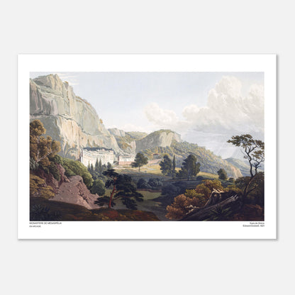 Incisione del Monastero di Megaspelaion in Arcadia, di Edward Dodwell (50x70 cm). Un monastero bianco costruito sul fianco della montagna, circondato da vegetazione e imponenti formazioni rocciose.
