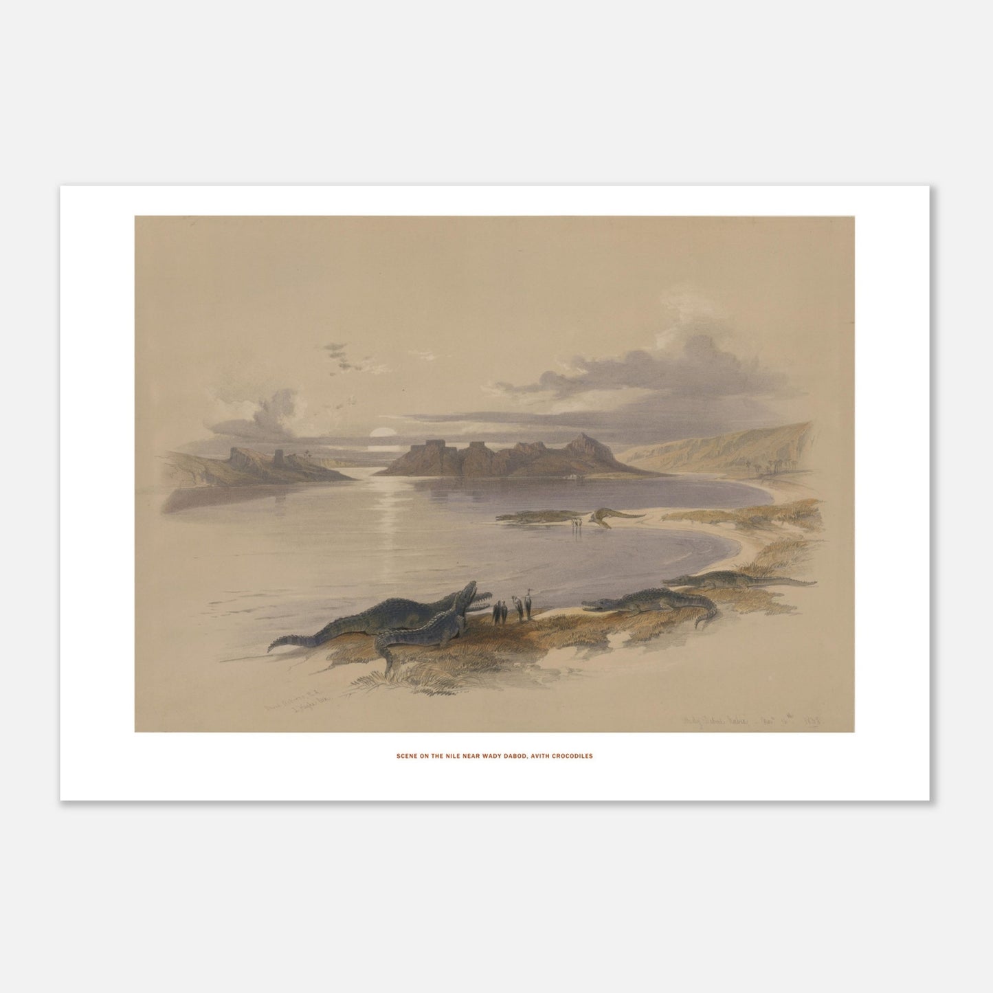Gravure ancienne du Nil près de Wadi Dabod avec crocodiles, David Roberts (21x29,7 cm (A4)). Lithographie d'une scène sur le Nil près de Wadi Dabod, montrant des crocodiles sur la rive et des ruines antiques à l'horizon