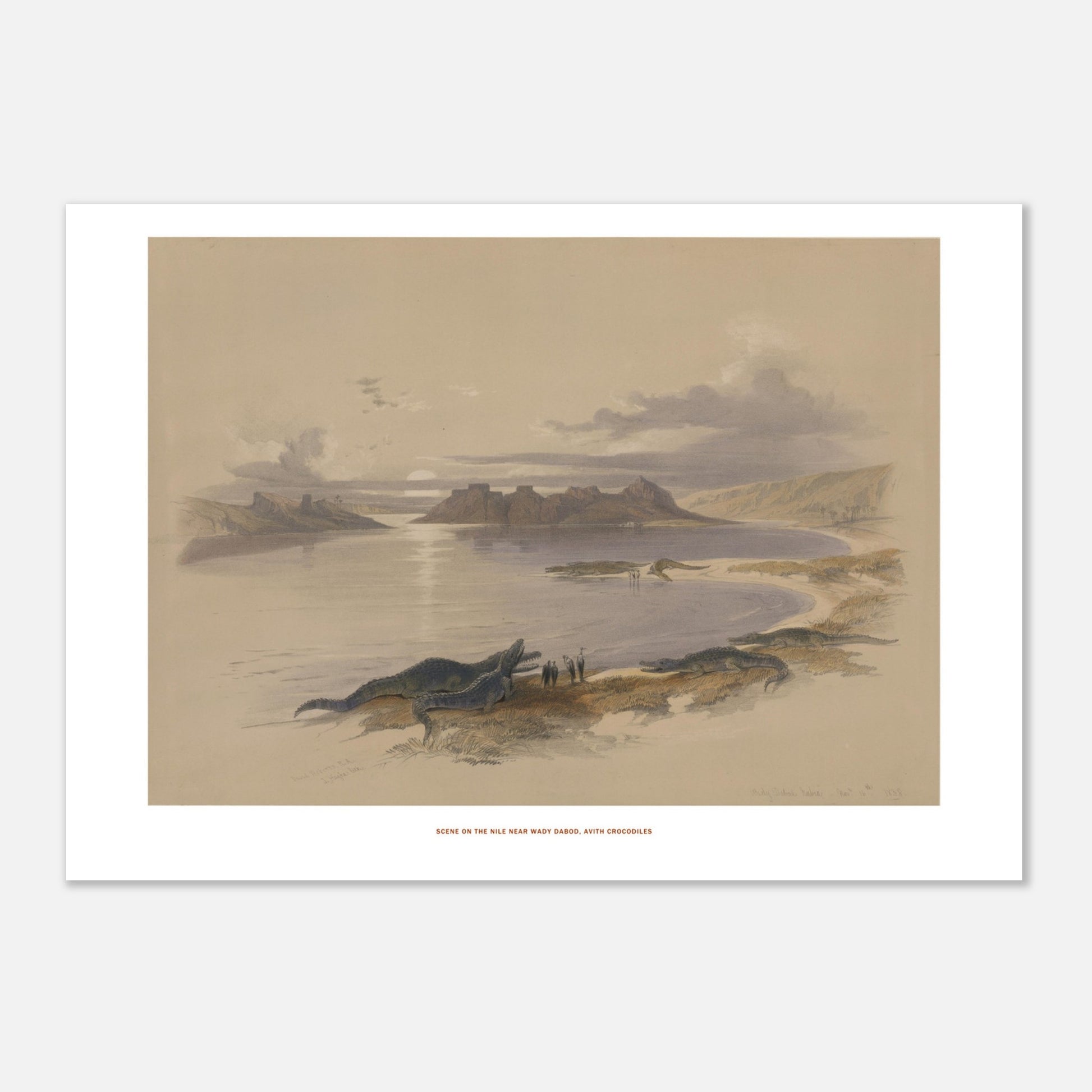 Gravure ancienne du Nil près de Wadi Dabod avec crocodiles, David Roberts (21x29,7 cm (A4)). Lithographie d'une scène sur le Nil près de Wadi Dabod, montrant des crocodiles sur la rive et des ruines antiques à l'horizon