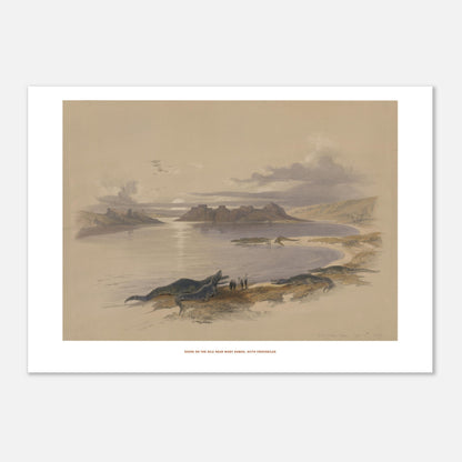 Gravure ancienne du Nil près de Wadi Dabod avec crocodiles, David Roberts (21x29,7 cm (A4)). Lithographie d'une scène sur le Nil près de Wadi Dabod, montrant des crocodiles sur la rive et des ruines antiques à l'horizon