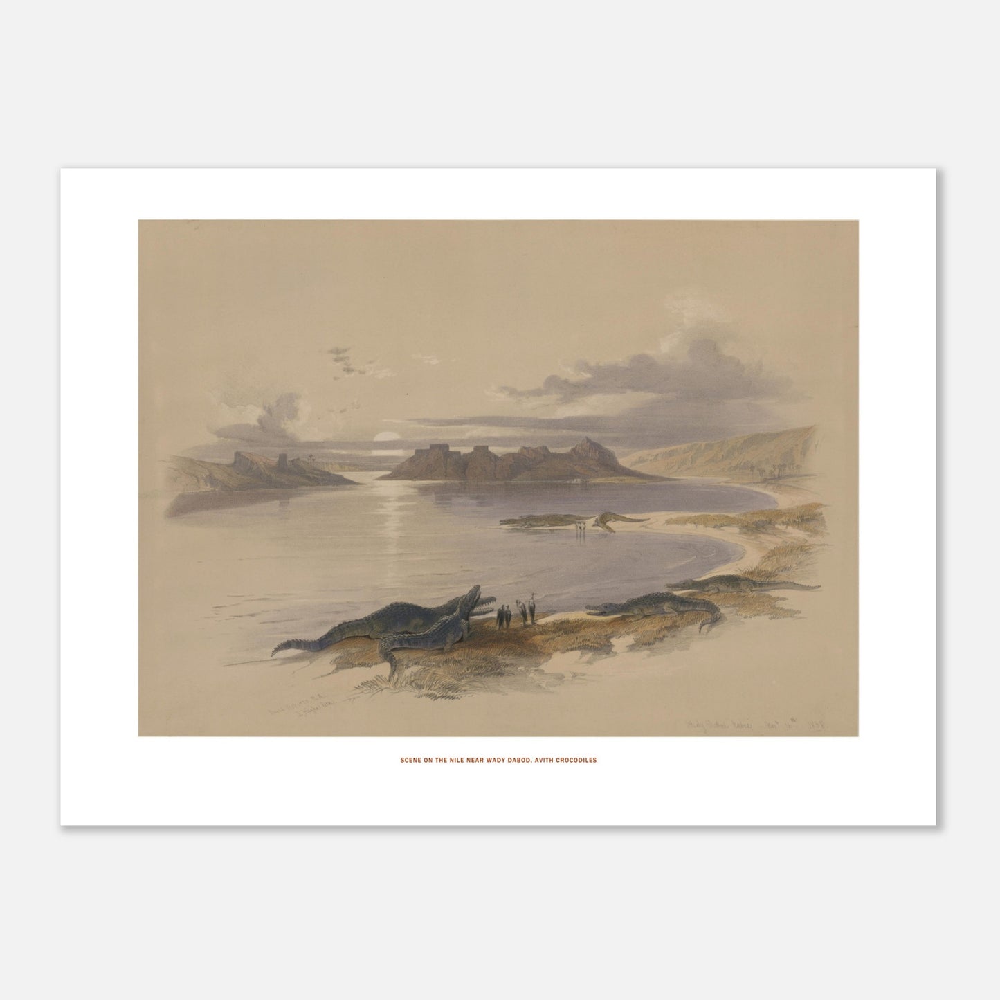 Gravure ancienne du Nil près de Wadi Dabod avec crocodiles, David Roberts (30x40 cm). Lithographie d'une scène sur le Nil près de Wadi Dabod, montrant des crocodiles sur la rive et des ruines antiques à l'horizon