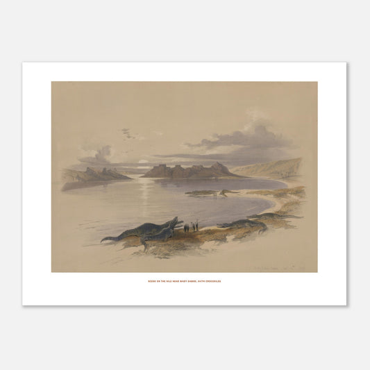 Gravure ancienne du Nil près de Wadi Dabod avec crocodiles, David Roberts (30x40 cm). Lithographie d'une scène sur le Nil près de Wadi Dabod, montrant des crocodiles sur la rive et des ruines antiques à l'horizon