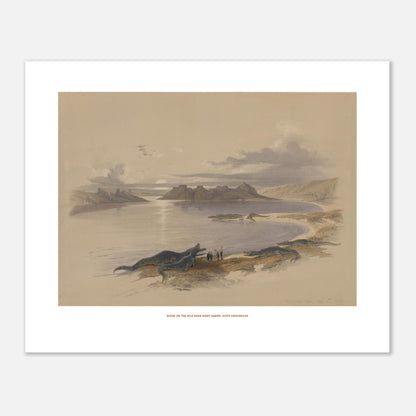 Gravure ancienne du Nil près de Wadi Dabod avec crocodiles, David Roberts (40x50 cm). Lithographie d'une scène sur le Nil près de Wadi Dabod, montrant des crocodiles sur la rive et des ruines antiques à l'horizon