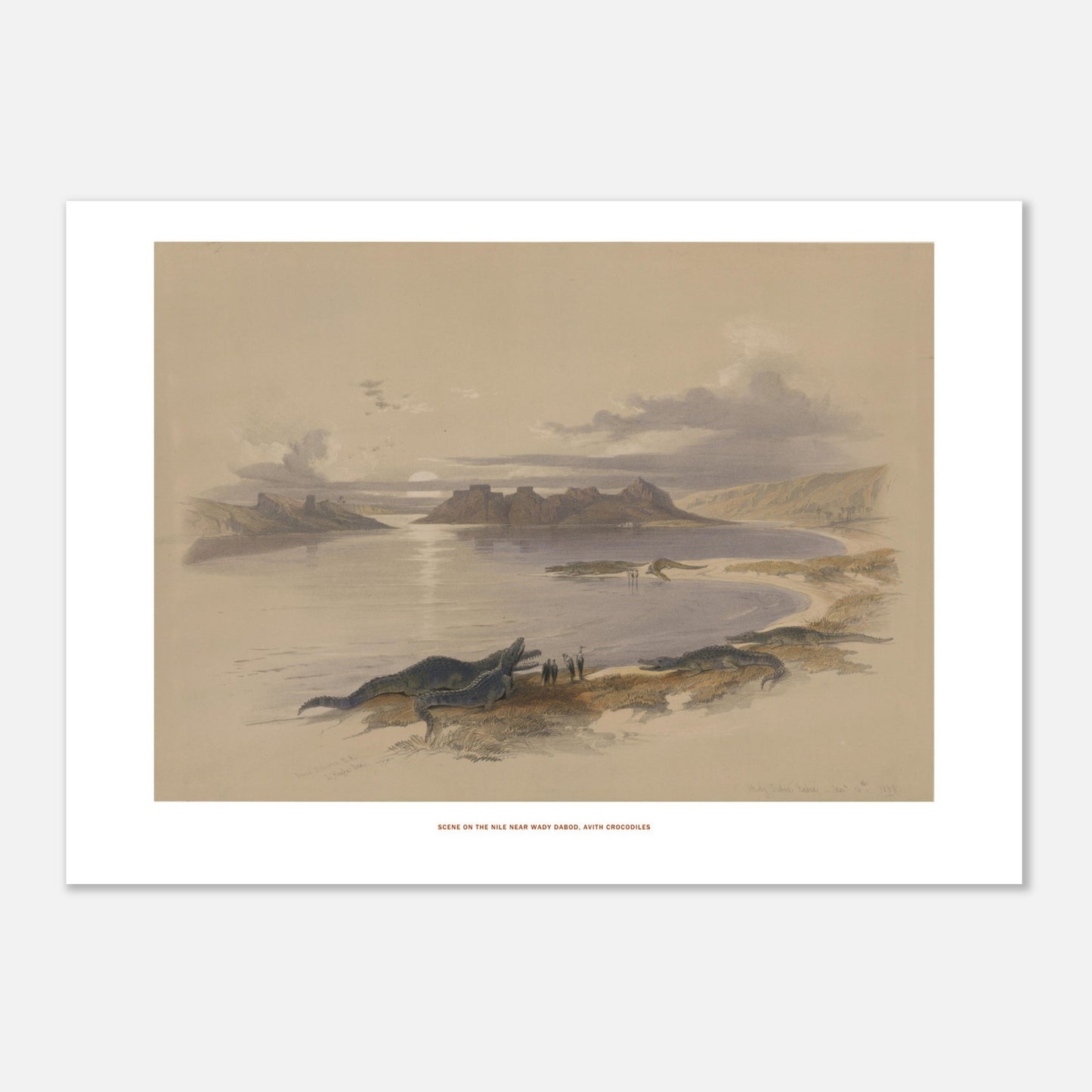Gravure ancienne du Nil près de Wadi Dabod avec crocodiles, David Roberts (50x70 cm). Lithographie d'une scène sur le Nil près de Wadi Dabod, montrant des crocodiles sur la rive et des ruines antiques à l'horizon