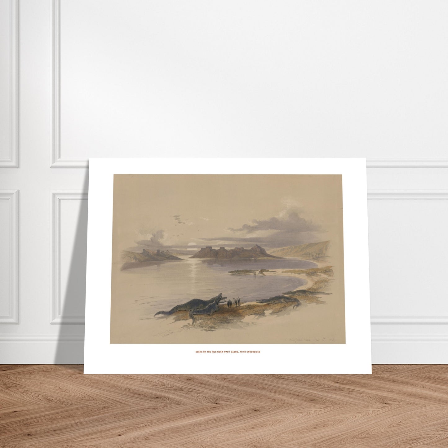 Gravure ancienne du Nil près de Wadi Dabod avec crocodiles, David Roberts. Lithographie d'une scène sur le Nil près de Wadi Dabod, montrant des crocodiles sur la rive et des ruines antiques à l'horizon Image d'illustration 6