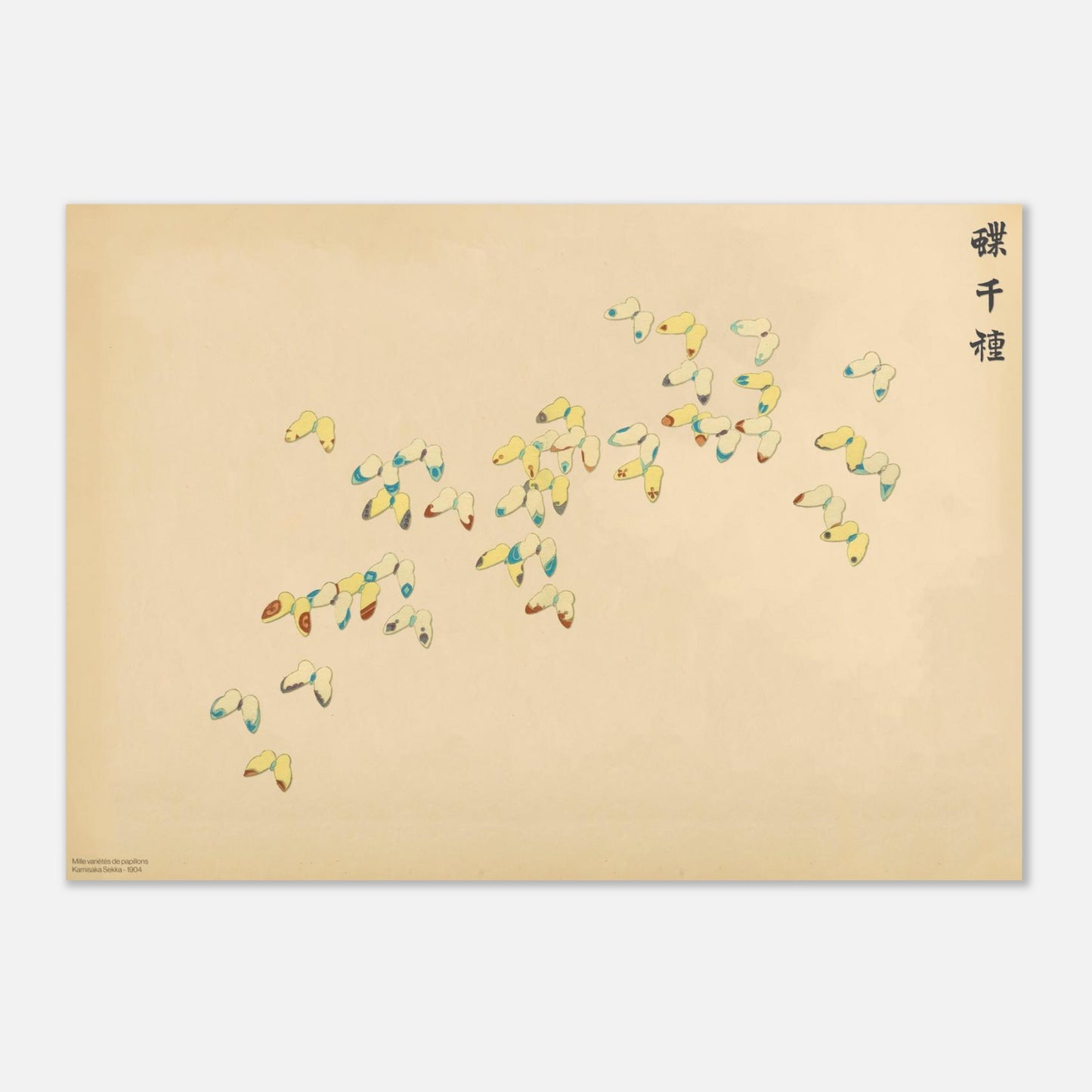 Gravure de papillons aux traits bleus et rouges de Sekka (29,7x42 cm (A3)). Gravure japonaise de papillons stylisés aux traits fins, bleus et rouges, sur un fond crème, par Kamisaka Sekka.