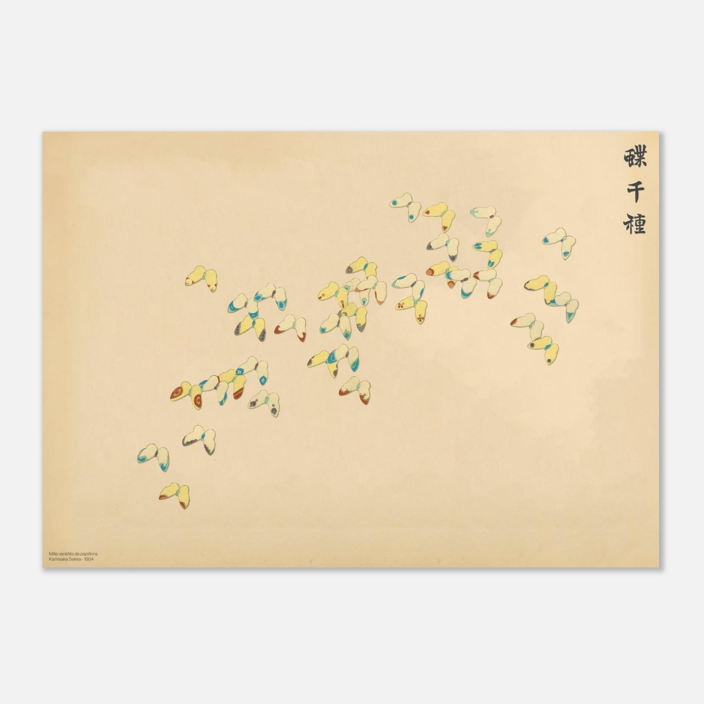 Gravure de papillons aux traits bleus et rouges de Sekka (42x59,4 cm (A2)). Gravure japonaise de papillons stylisés aux traits fins, bleus et rouges, sur un fond crème, par Kamisaka Sekka.