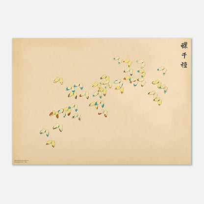 Gravure de papillons aux traits bleus et rouges de Sekka (42x59,4 cm (A2)). Gravure japonaise de papillons stylisés aux traits fins, bleus et rouges, sur un fond crème, par Kamisaka Sekka.