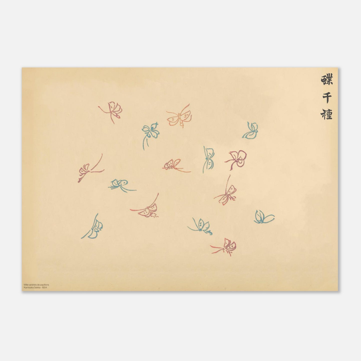 Planche de petits papillons rouges et bleus - Kamisaka Sekka (29,7x42 cm (A3)). Reproduction d'une gravure japonaise de Kamisaka Sekka, présentant de petits papillons stylisés de couleur rouge et bleue sur fond beige.