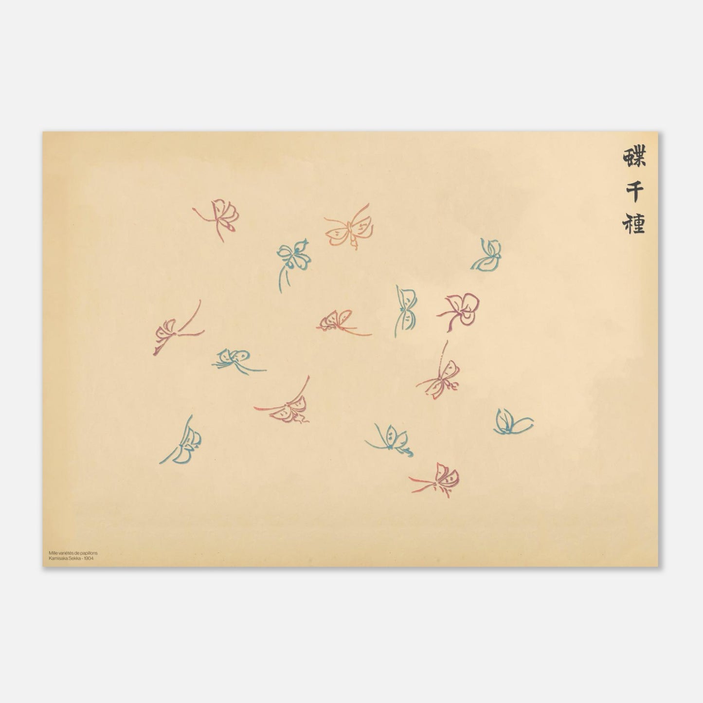 Planche de petits papillons rouges et bleus - Kamisaka Sekka (42x59,4 cm (A2)). Reproduction d'une gravure japonaise de Kamisaka Sekka, présentant de petits papillons stylisés de couleur rouge et bleue sur fond beige.