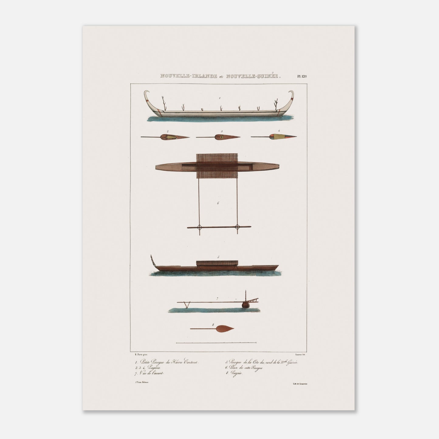 Gravure des pirogues du hâvre Carteret et de Nouvelle-Guinée (Astrolabe) (29,7x42 cm (A3)). Gravure ancienne présentant diverses pirogues et pièces de bateaux des îles de Nouvelle-Irlande et Nouvelle-Guinée, avec des annotations.