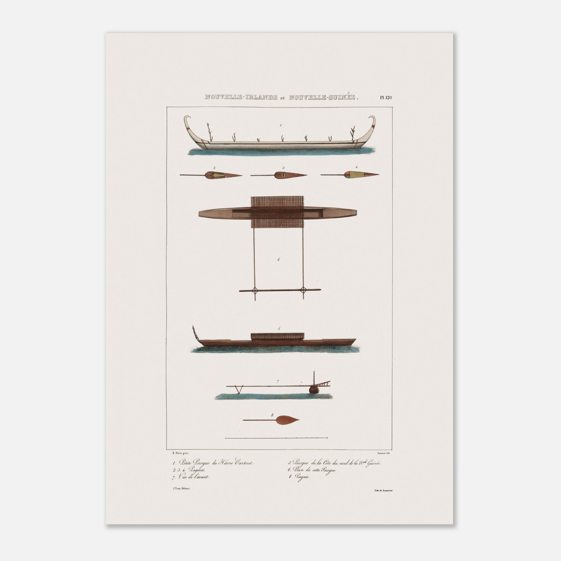 Gravure des pirogues du hâvre Carteret et de Nouvelle-Guinée (Astrolabe) (29,7x42 cm (A3)). Gravure ancienne présentant diverses pirogues et pièces de bateaux des îles de Nouvelle-Irlande et Nouvelle-Guinée, avec des annotations.