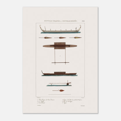 Gravure des pirogues du hâvre Carteret et de Nouvelle-Guinée (Astrolabe) (29,7x42 cm (A3)). Gravure ancienne présentant diverses pirogues et pièces de bateaux des îles de Nouvelle-Irlande et Nouvelle-Guinée, avec des annotations.