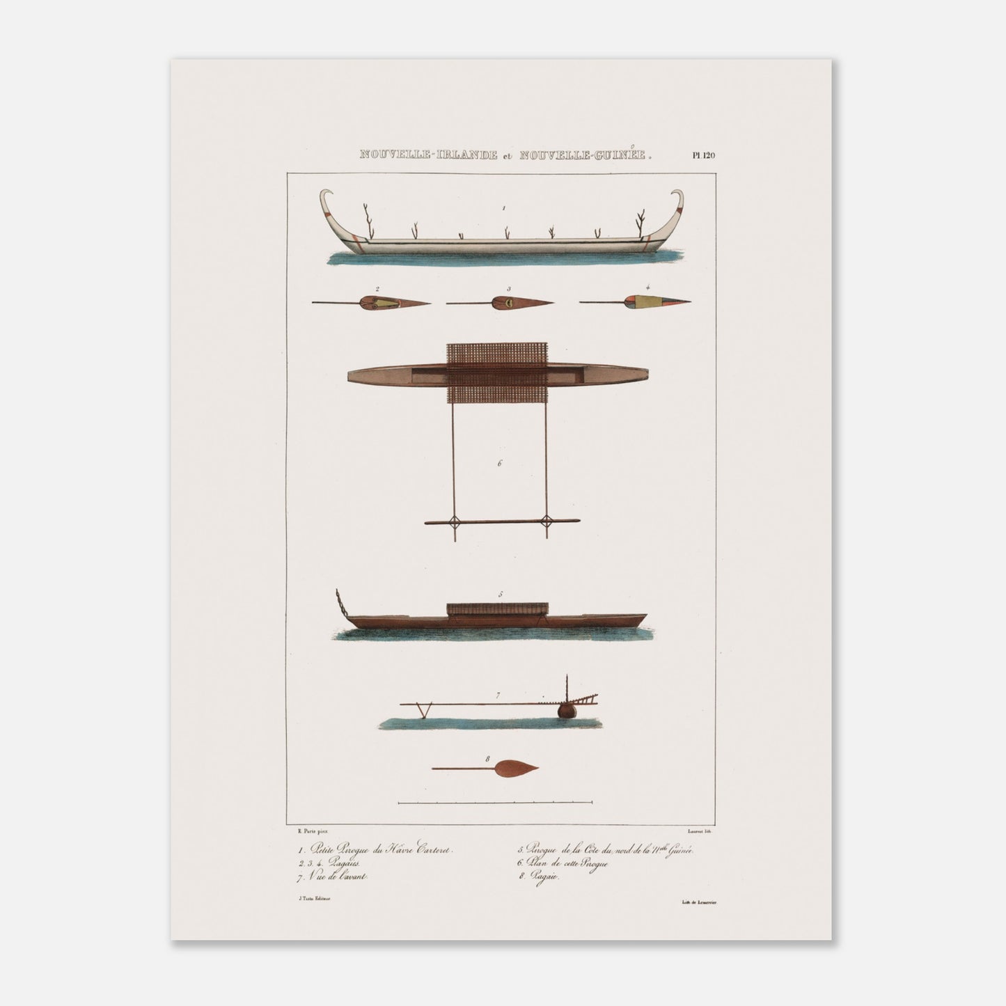 Gravure des pirogues du hâvre Carteret et de Nouvelle-Guinée (Astrolabe) (30x40 cm). Gravure ancienne présentant diverses pirogues et pièces de bateaux des îles de Nouvelle-Irlande et Nouvelle-Guinée, avec des annotations.