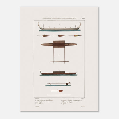 Gravure des pirogues du hâvre Carteret et de Nouvelle-Guinée (Astrolabe) (30x40 cm). Gravure ancienne présentant diverses pirogues et pièces de bateaux des îles de Nouvelle-Irlande et Nouvelle-Guinée, avec des annotations.