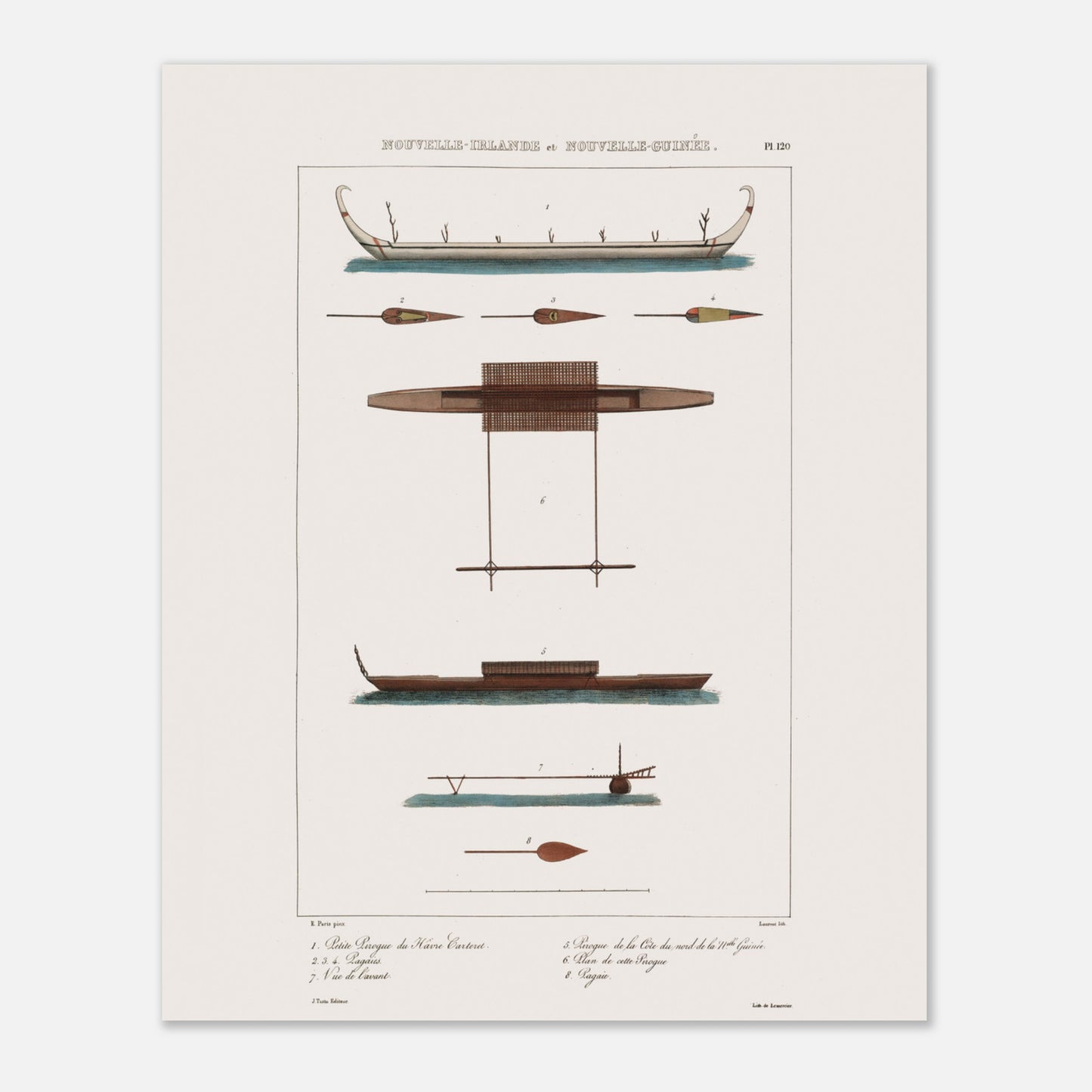 Gravure des pirogues du hâvre Carteret et de Nouvelle-Guinée (Astrolabe) (40x50 cm). Gravure ancienne présentant diverses pirogues et pièces de bateaux des îles de Nouvelle-Irlande et Nouvelle-Guinée, avec des annotations.