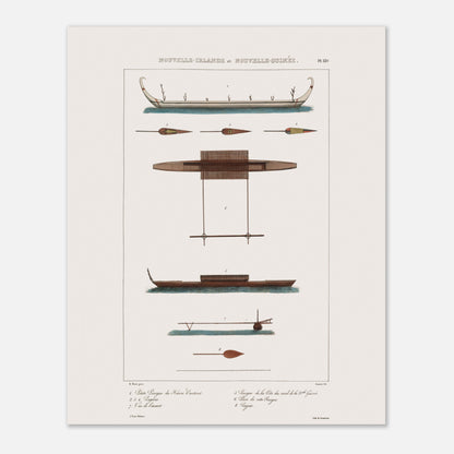Gravure des pirogues du hâvre Carteret et de Nouvelle-Guinée (Astrolabe) (40x50 cm). Gravure ancienne présentant diverses pirogues et pièces de bateaux des îles de Nouvelle-Irlande et Nouvelle-Guinée, avec des annotations.