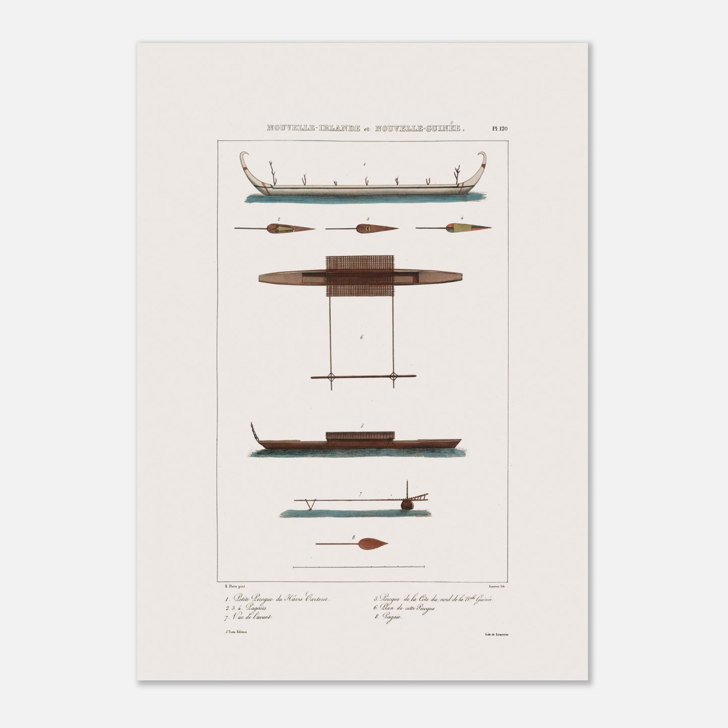 Gravure des pirogues du hâvre Carteret et de Nouvelle-Guinée (Astrolabe) (42x59,4 cm (A2)). Gravure ancienne présentant diverses pirogues et pièces de bateaux des îles de Nouvelle-Irlande et Nouvelle-Guinée, avec des annotations.
