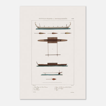 Gravure des pirogues du hâvre Carteret et de Nouvelle-Guinée (Astrolabe) (42x59,4 cm (A2)). Gravure ancienne présentant diverses pirogues et pièces de bateaux des îles de Nouvelle-Irlande et Nouvelle-Guinée, avec des annotations.