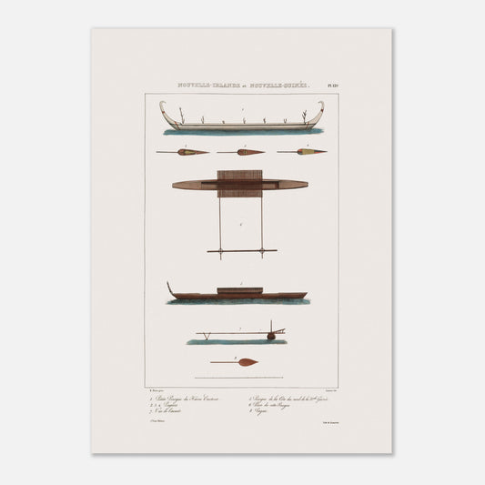 Gravure des pirogues du hâvre Carteret et de Nouvelle-Guinée (Astrolabe) (42x59,4 cm (A2)). Gravure ancienne présentant diverses pirogues et pièces de bateaux des îles de Nouvelle-Irlande et Nouvelle-Guinée, avec des annotations.
