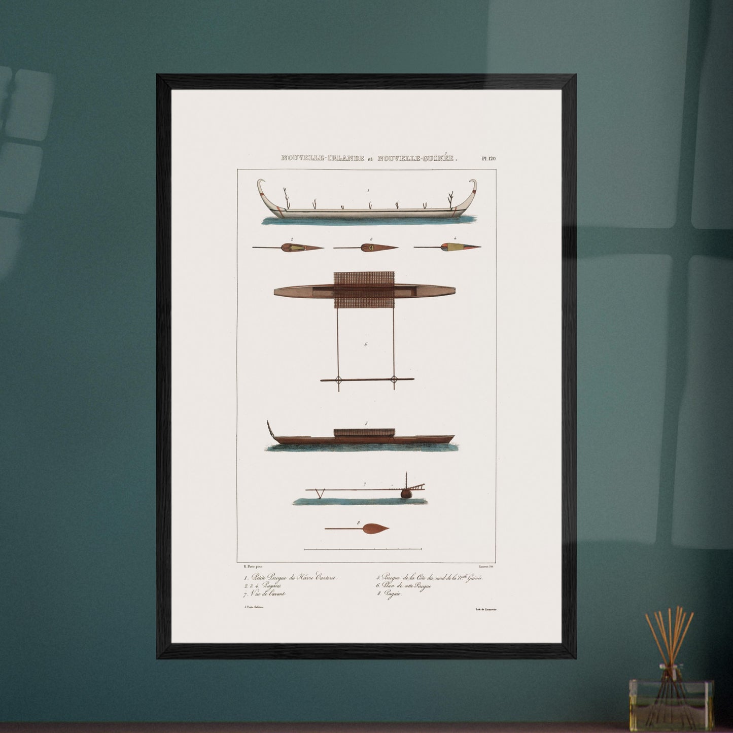 Gravure des pirogues du hâvre Carteret et de Nouvelle-Guinée (Astrolabe). Gravure ancienne présentant diverses pirogues et pièces de bateaux des îles de Nouvelle-Irlande et Nouvelle-Guinée, avec des annotations. Image d'illustration 5