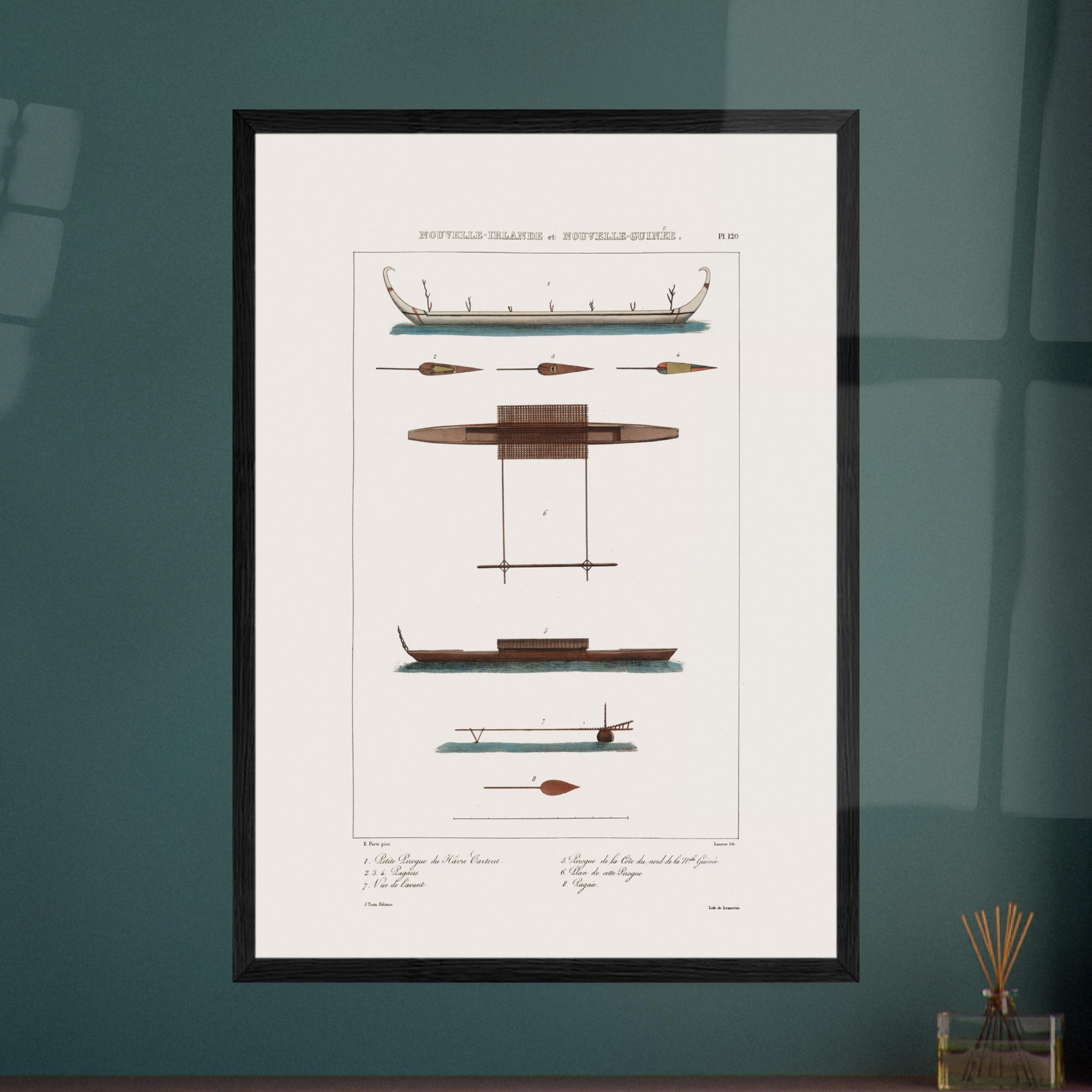 Gravure des pirogues du hâvre Carteret et de Nouvelle-Guinée (Astrolabe). Gravure ancienne présentant diverses pirogues et pièces de bateaux des îles de Nouvelle-Irlande et Nouvelle-Guinée, avec des annotations. Image d'illustration 5