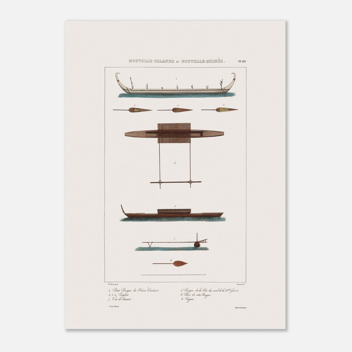Gravure des pirogues du hâvre Carteret et de Nouvelle-Guinée (Astrolabe) (50x70 cm). Gravure ancienne présentant diverses pirogues et pièces de bateaux des îles de Nouvelle-Irlande et Nouvelle-Guinée, avec des annotations.