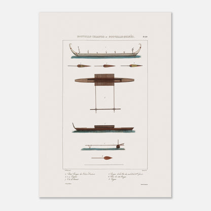 Gravure des pirogues du hâvre Carteret et de Nouvelle-Guinée (Astrolabe) (50x70 cm). Gravure ancienne présentant diverses pirogues et pièces de bateaux des îles de Nouvelle-Irlande et Nouvelle-Guinée, avec des annotations.
