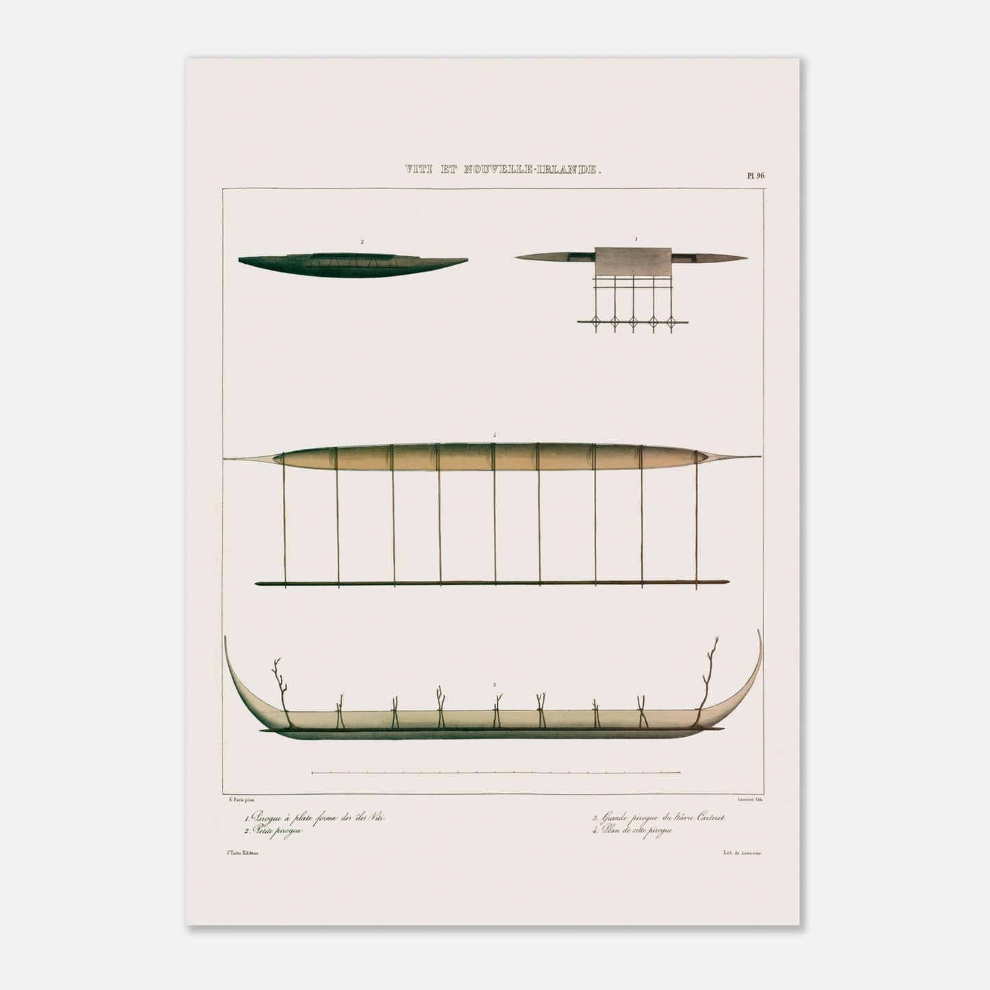 Gravure : Pirogues de Lakéba et du Hâvre Carteret (Astrolabe) (29,7x42 cm (A3)). Gravure ancienne de pirogues des îles Viti et du Hâvre Carteret, montrant diverses embarcations traditionnelles, dont une pirogue à balancier.