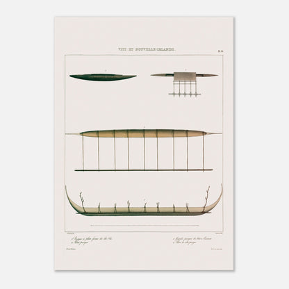 Gravure : Pirogues de Lakéba et du Hâvre Carteret (Astrolabe) (29,7x42 cm (A3)). Gravure ancienne de pirogues des îles Viti et du Hâvre Carteret, montrant diverses embarcations traditionnelles, dont une pirogue à balancier.