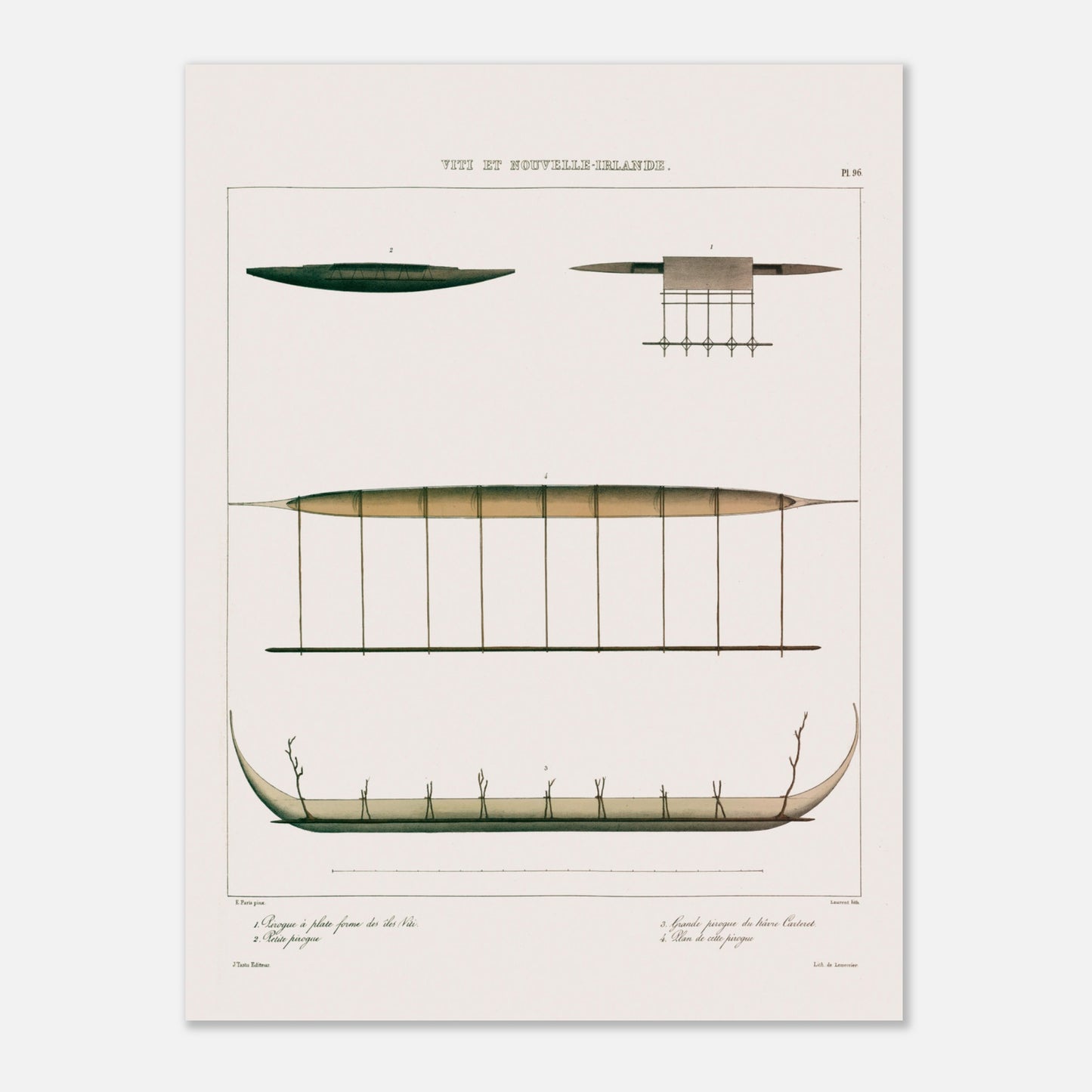 Gravure : Pirogues de Lakéba et du Hâvre Carteret (Astrolabe) (30x40 cm). Gravure ancienne de pirogues des îles Viti et du Hâvre Carteret, montrant diverses embarcations traditionnelles, dont une pirogue à balancier.