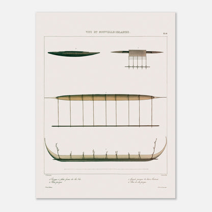 Gravure : Pirogues de Lakéba et du Hâvre Carteret (Astrolabe) (30x40 cm). Gravure ancienne de pirogues des îles Viti et du Hâvre Carteret, montrant diverses embarcations traditionnelles, dont une pirogue à balancier.