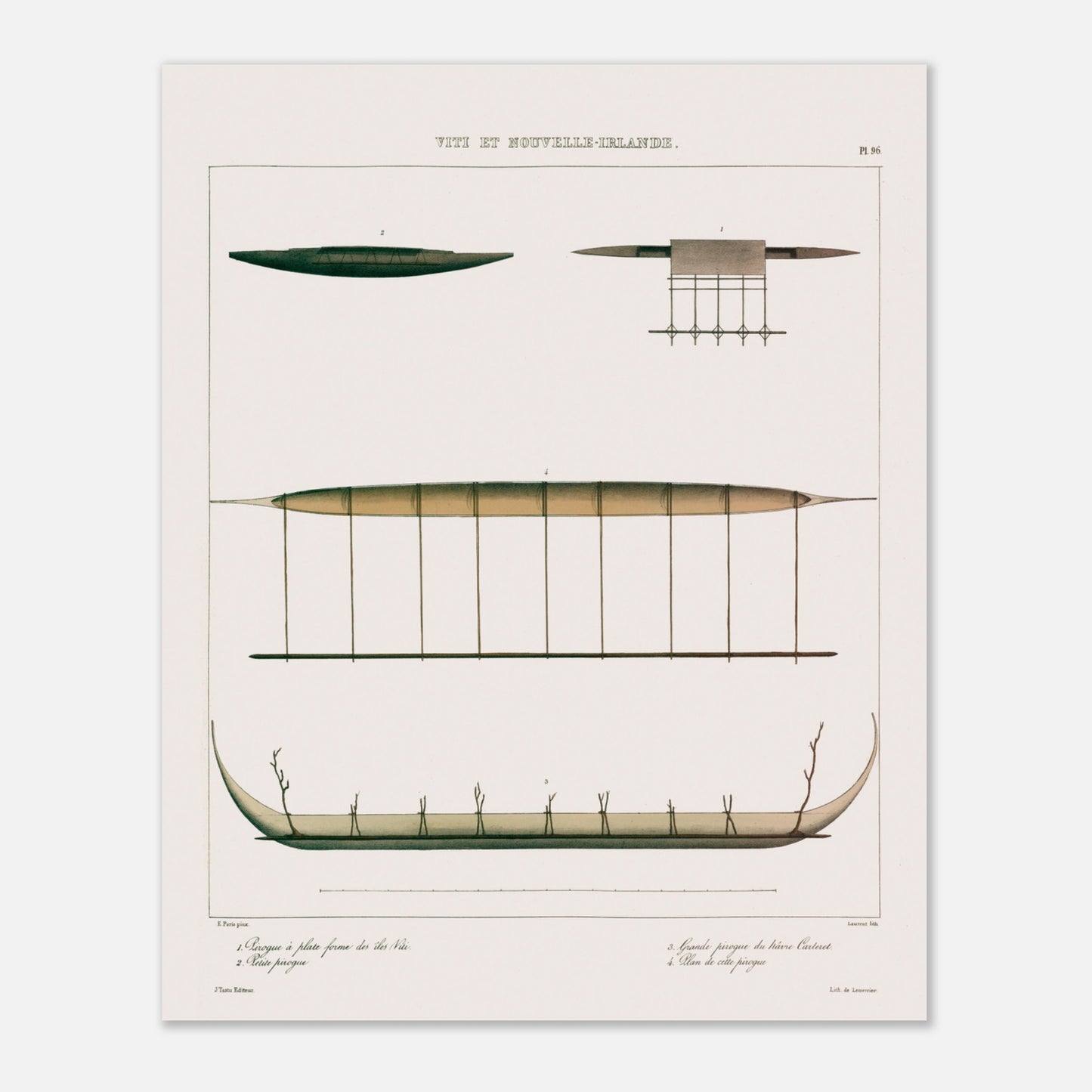 Gravure : Pirogues de Lakéba et du Hâvre Carteret (Astrolabe) (40x50 cm). Gravure ancienne de pirogues des îles Viti et du Hâvre Carteret, montrant diverses embarcations traditionnelles, dont une pirogue à balancier.