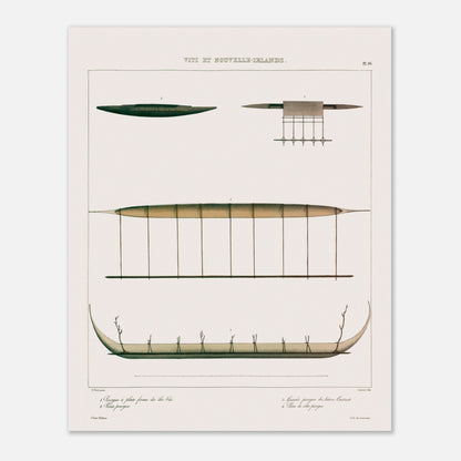 Gravure : Pirogues de Lakéba et du Hâvre Carteret (Astrolabe) (40x50 cm). Gravure ancienne de pirogues des îles Viti et du Hâvre Carteret, montrant diverses embarcations traditionnelles, dont une pirogue à balancier.