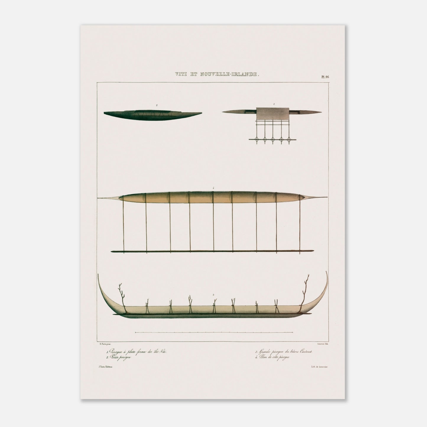 Gravure : Pirogues de Lakéba et du Hâvre Carteret (Astrolabe) (42x59,4 cm (A2)). Gravure ancienne de pirogues des îles Viti et du Hâvre Carteret, montrant diverses embarcations traditionnelles, dont une pirogue à balancier.