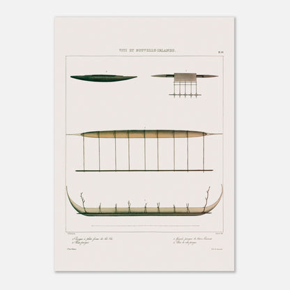 Gravure : Pirogues de Lakéba et du Hâvre Carteret (Astrolabe) (42x59,4 cm (A2)). Gravure ancienne de pirogues des îles Viti et du Hâvre Carteret, montrant diverses embarcations traditionnelles, dont une pirogue à balancier.
