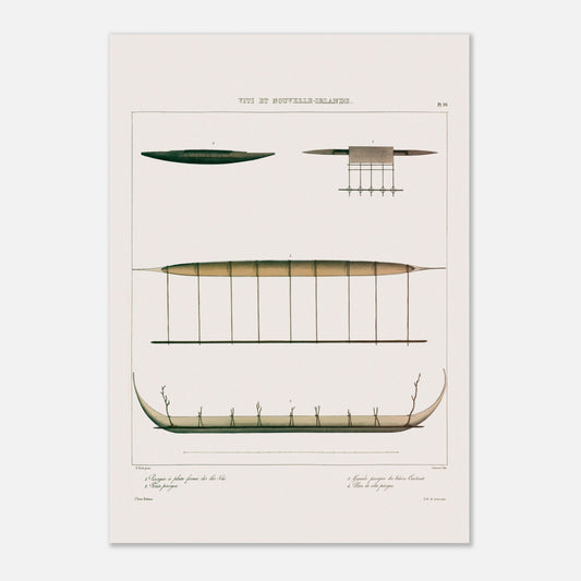 Gravure : Pirogues de Lakéba et du Hâvre Carteret (Astrolabe) (42x59,4 cm (A2)). Gravure ancienne de pirogues des îles Viti et du Hâvre Carteret, montrant diverses embarcations traditionnelles, dont une pirogue à balancier.