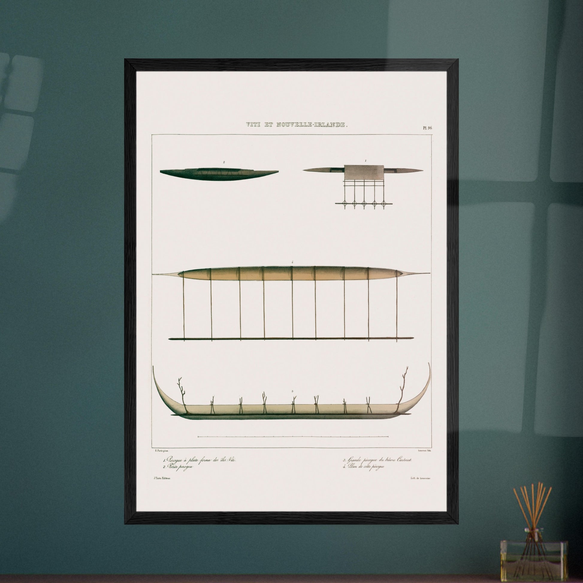 Gravure : Pirogues de Lakéba et du Hâvre Carteret (Astrolabe). Gravure ancienne de pirogues des îles Viti et du Hâvre Carteret, montrant diverses embarcations traditionnelles, dont une pirogue à balancier. Image d'illustration 5