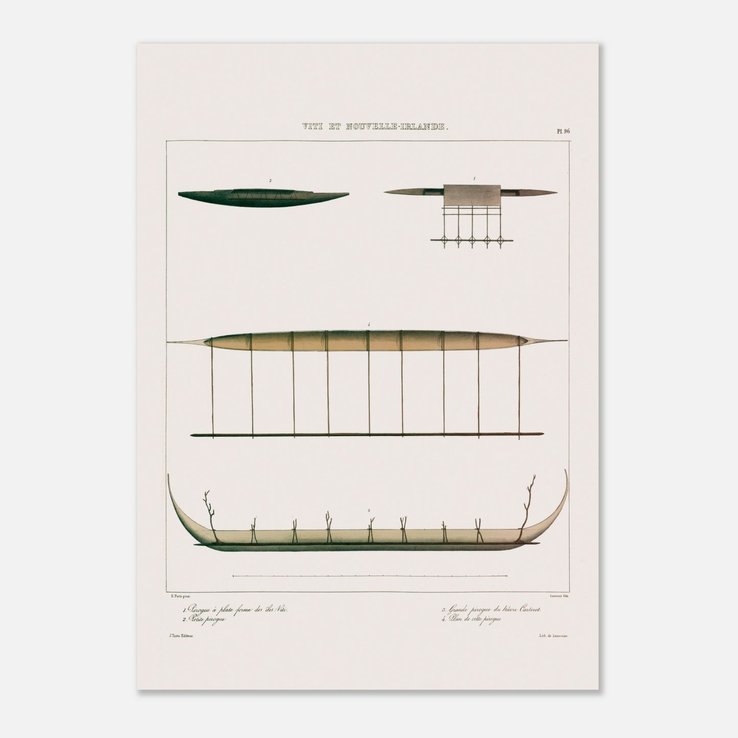 Gravure : Pirogues de Lakéba et du Hâvre Carteret (Astrolabe) (50x70 cm). Gravure ancienne de pirogues des îles Viti et du Hâvre Carteret, montrant diverses embarcations traditionnelles, dont une pirogue à balancier.