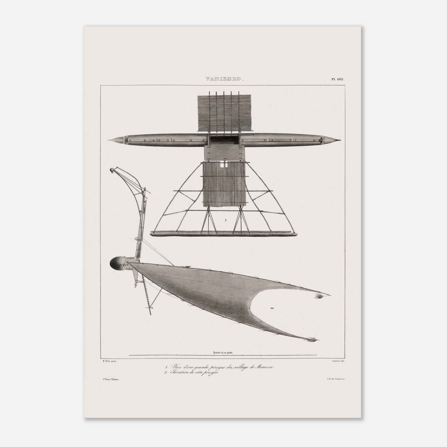 Gravure de pirogues traditionnelles du port de Dorey, Nouvelle-Guinée (29,7x42 cm (A3)). Gravure ancienne de pirogues du port de Dorey en Nouvelle-Guinée, incluant une pirogue à balancier avec une structure complexe.
