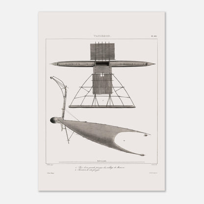 Gravure de pirogues traditionnelles du port de Dorey, Nouvelle-Guinée (29,7x42 cm (A3)). Gravure ancienne de pirogues du port de Dorey en Nouvelle-Guinée, incluant une pirogue à balancier avec une structure complexe.