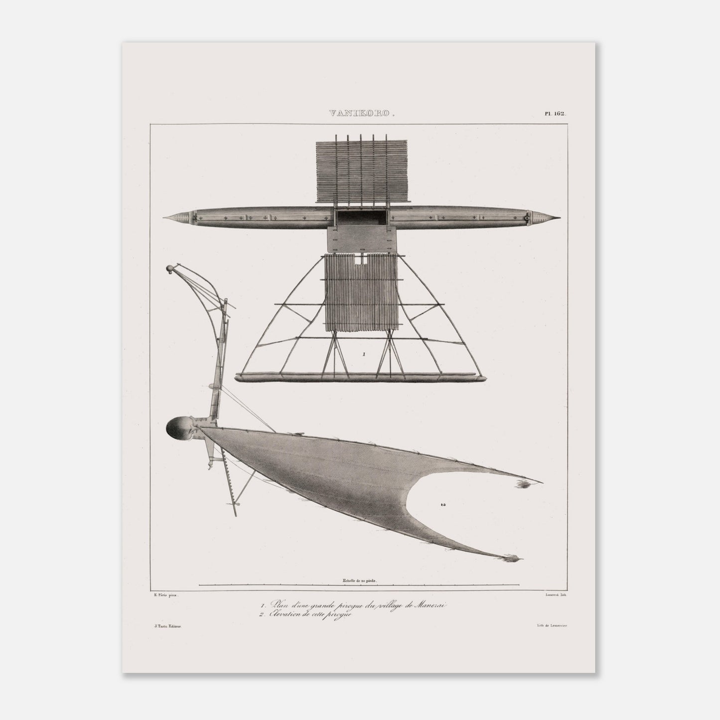 Gravure de pirogues traditionnelles du port de Dorey, Nouvelle-Guinée (30x40 cm). Gravure ancienne de pirogues du port de Dorey en Nouvelle-Guinée, incluant une pirogue à balancier avec une structure complexe.