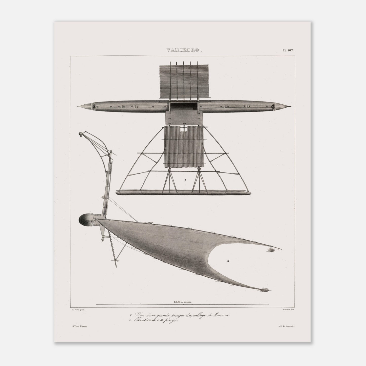 Gravure de pirogues traditionnelles du port de Dorey, Nouvelle-Guinée (40x50 cm). Gravure ancienne de pirogues du port de Dorey en Nouvelle-Guinée, incluant une pirogue à balancier avec une structure complexe.