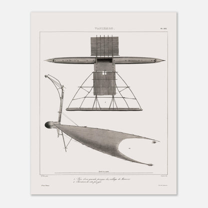 Gravure de pirogues traditionnelles du port de Dorey, Nouvelle-Guinée (40x50 cm). Gravure ancienne de pirogues du port de Dorey en Nouvelle-Guinée, incluant une pirogue à balancier avec une structure complexe.