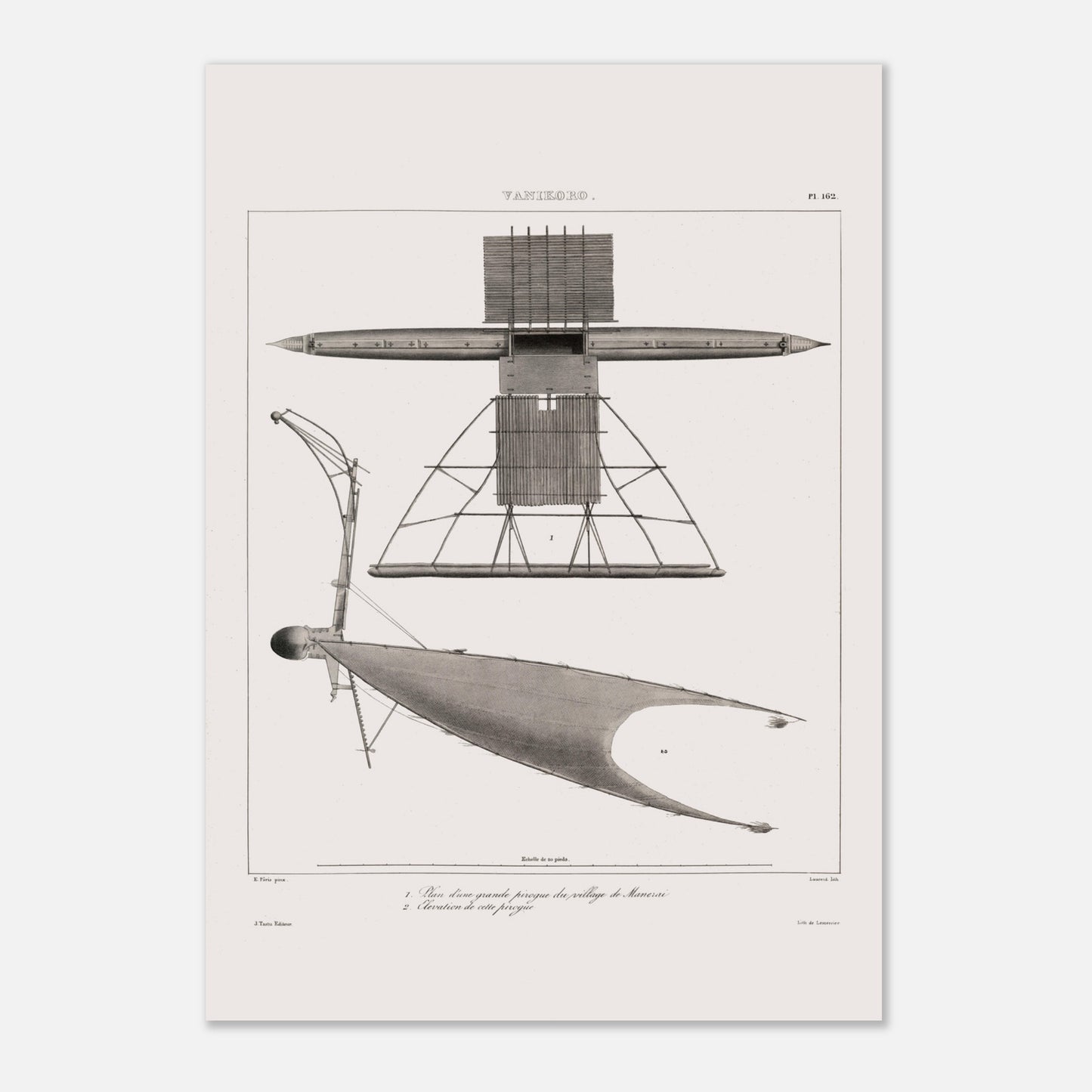 Gravure de pirogues traditionnelles du port de Dorey, Nouvelle-Guinée (42x59,4 cm (A2)). Gravure ancienne de pirogues du port de Dorey en Nouvelle-Guinée, incluant une pirogue à balancier avec une structure complexe.